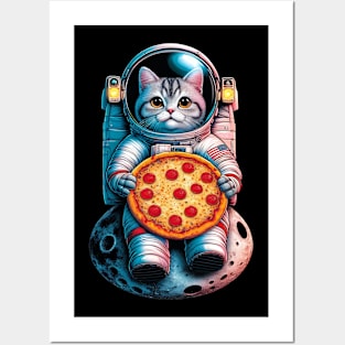 Cat Eating Pizza in Universe - For Space Astronaut Cat Posters and Art